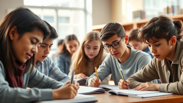 Students in a sunlit classroom, writing quietly, neurotypical passing autism.
