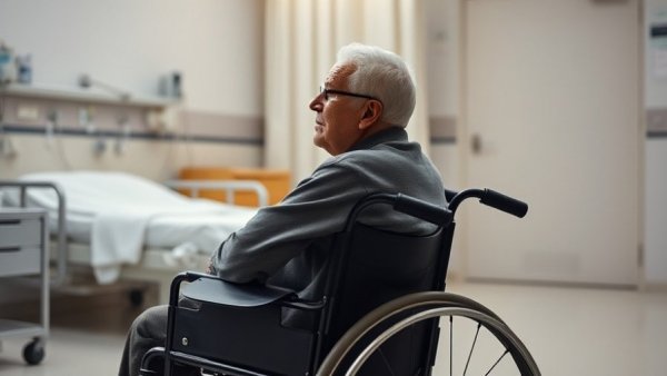 Senior in a wheelchair in a hospital, reflecting on Quebec care crisis.