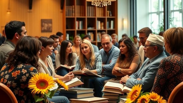 Panel discussion at culinary event with books and sunflowers, African American cuisine stories.