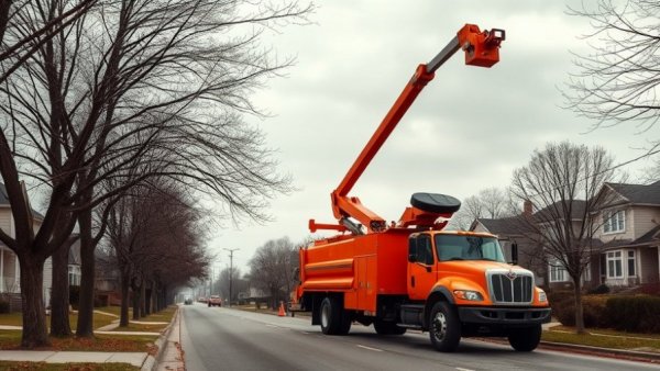 Winter tree hazards: tree removal truck in action in a suburban area.