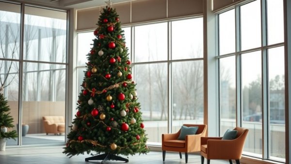 Decorated Christmas tree inside a modern building, bereavement tree theme.