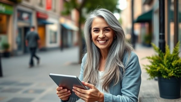 Woman applying for Social Security in Muskegon using a tablet outdoors.
