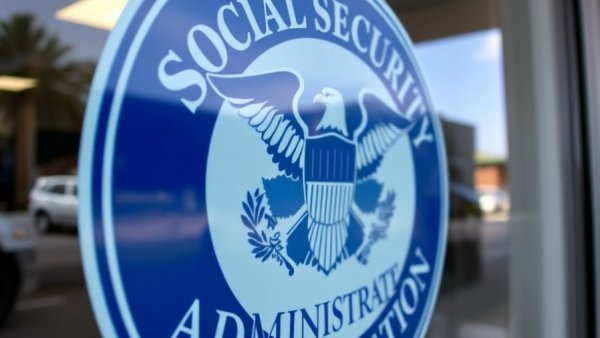 Social Security Administration logo on office window, Apply for Social Security in Muskegon.