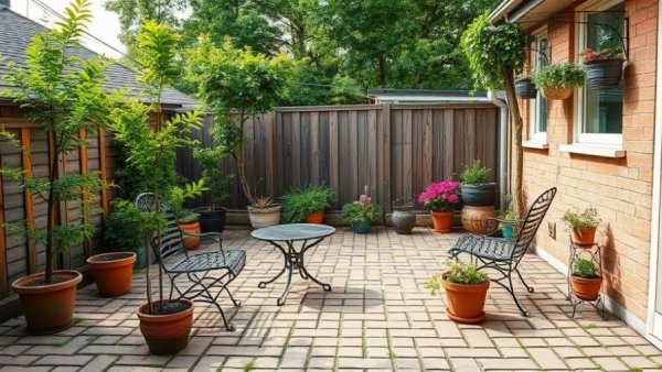 Backyard with patio furniture and potted plants showing landscaping mistakes to avoid.