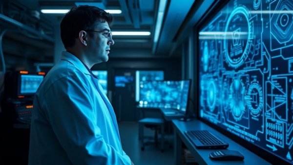 Scientist analyzing quantum computer in a futuristic lab environment, safest quantum stocks.