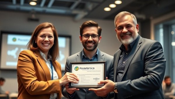 Three people smiling while holding an award in a senior health initiatives event.