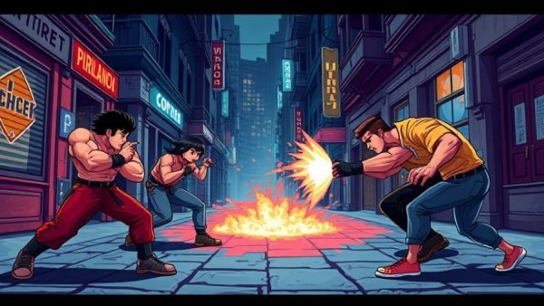 Retro video game fight scene in urban alleyway.
