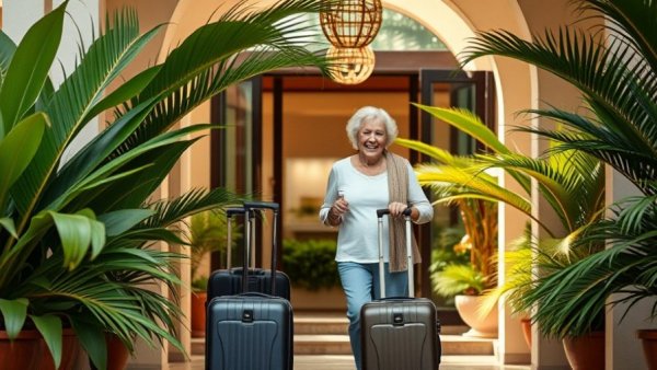 Couple arriving at hotel, symbolizing retirement planning.