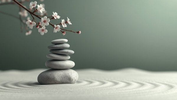 Serene zen garden with stone stack and blossoms, autism prevalence surveillance concept.