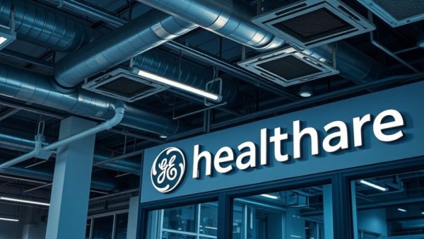 GE Healthcare sign in industrial setting, highlighting deep-learning mammography technology.