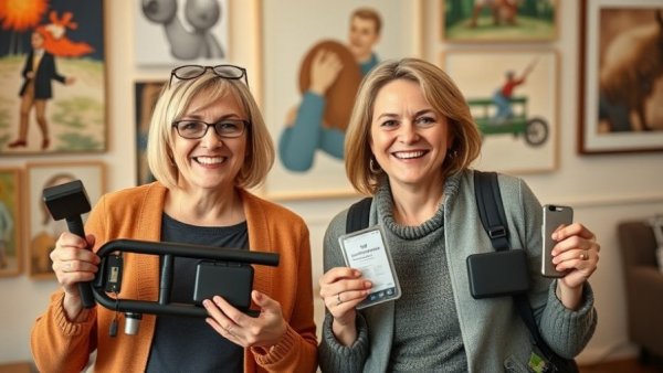 Two women holding assistive technology for hearing disabilities in an art-filled room