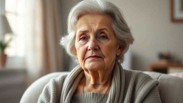 Elderly woman with serene expression indoors related to weight-loss drugs and Alzheimer's.