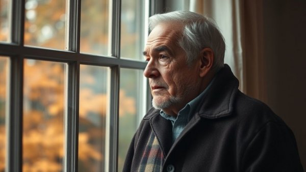 Contemplative older man by window, reflecting on childhood obesity causes and solutions.