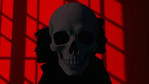 Dramatic silhouettes with skull overlay on red, Grief and Art in Hamnet and Hamlet.