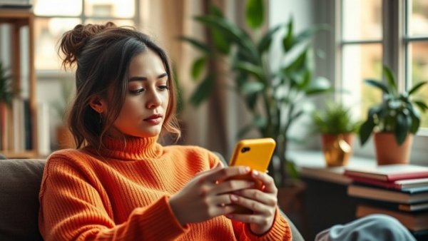 Social media detox: Woman contemplating phone use for mental health boost.
