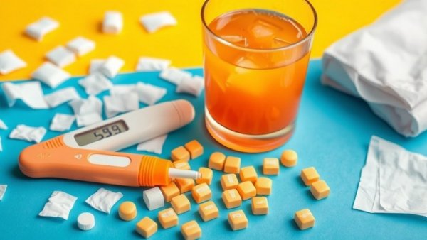 Vibrant cold and flu season essentials: tissues, thermometer, tablets.