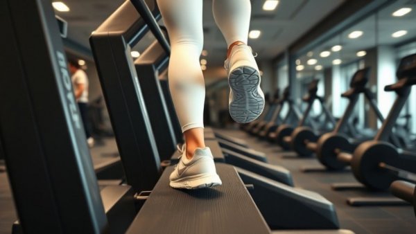 Close-up of legs exercising on a stair machine for senior brain health.