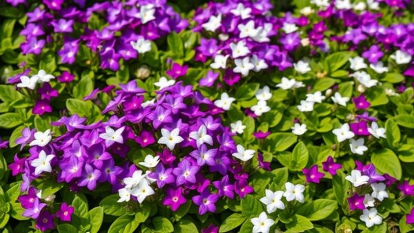 Colorful ground cover plants that bloom profusely, featuring purple and white flowers.