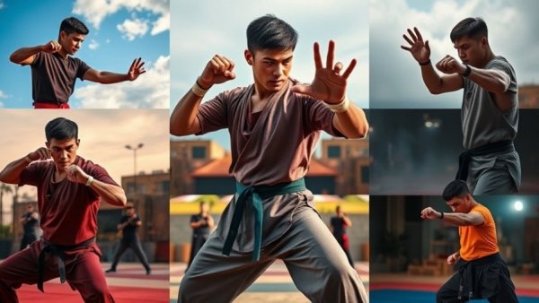 Martial artist practicing in diverse settings, showcasing skills.