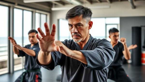 Martial arts training featuring a middle-aged man practicing diverse stances.