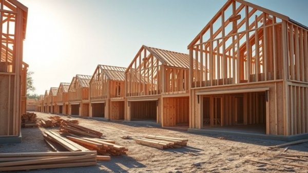 Wooden house frames at construction site, potential Opendoor investment focus.