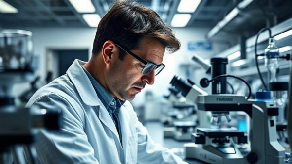 Scientist in modern lab examining equipment, highlighting Vertex Pharmaceuticals growth potential.
