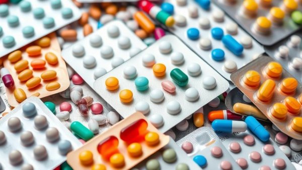 Various blister packs showcasing pills and capsules. Medicare drug price savings concept.