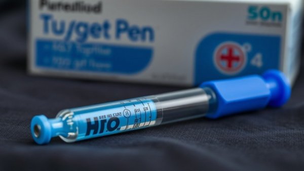 Close-up of prescription injection pen for Medicare drug savings.