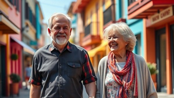 Content senior couple enjoying a vibrant street, senior-friendly travel packages.