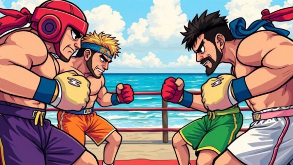 Karate Blazers on Nintendo Switch, retro pixel-art fighters by the ocean.