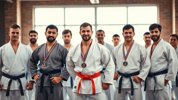 Karate practitioners in a dojo with medals, karate lessons Gurnee.
