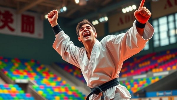 Karate athlete celebrating at 2025 Karate World Championship.