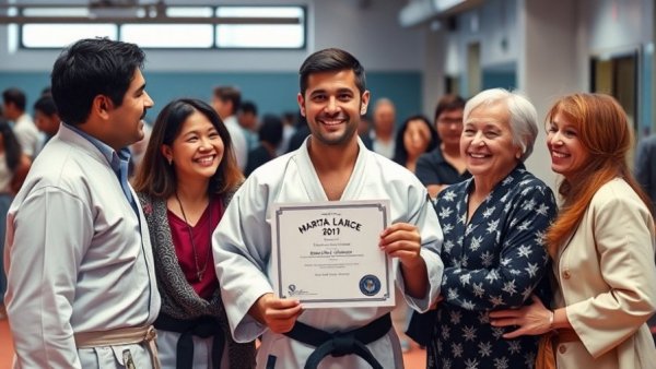 Martial arts black belt ceremony in Gurnee with happy group.