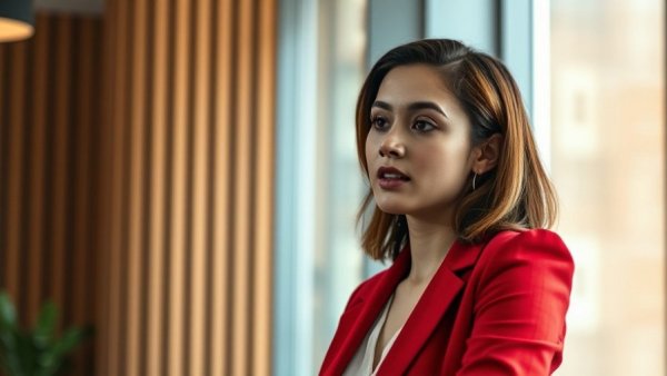 Confident young woman in red blazer speaking about online self-defense course.
