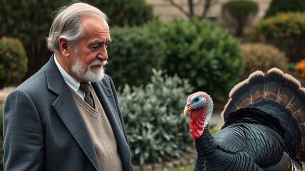 Engaging scene with a man and a turkey amidst greenery, connected to long-term health coverage Muskegon.