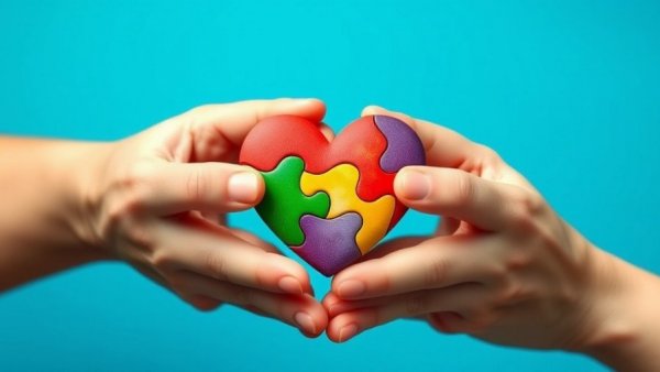 Hands holding colorful puzzle heart, symbolizing autism awareness and unity.