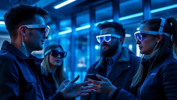 Tech scene with smart glasses in Muskegon, wearable medical devices.