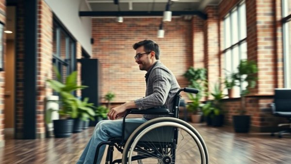 Independent living for persons with disabilities in a modern office.