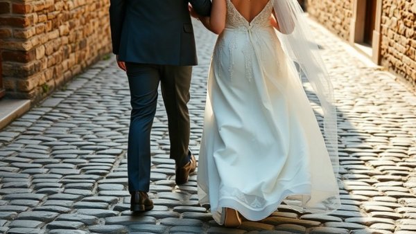 Wedding couple walking on cobblestone path, illustrating Taxi Cab Theory in Relationships.