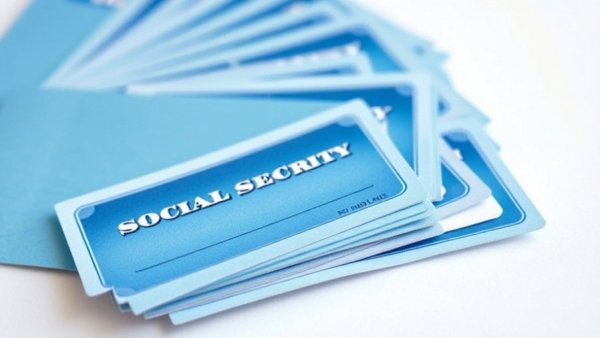 Close-up of Social Security cards fanned out on a white background.