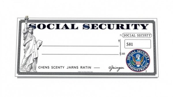 Illustration of a social security check with Statue of Liberty and emblem.