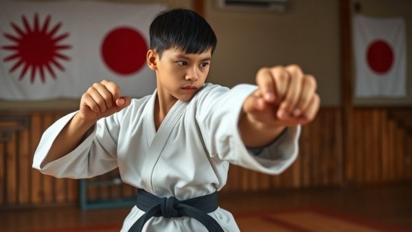 Young martial artist practicing karate in dojo for self-training.
