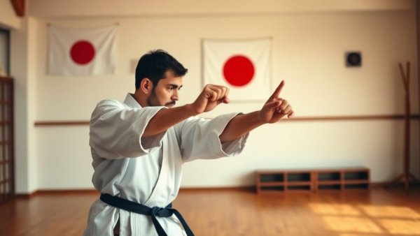 Practitioner demonstrating Shotokan karate self-training techniques in a dojo.