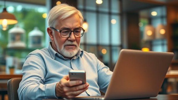 Elderly man using laptop for AI stocks investment retirement planning