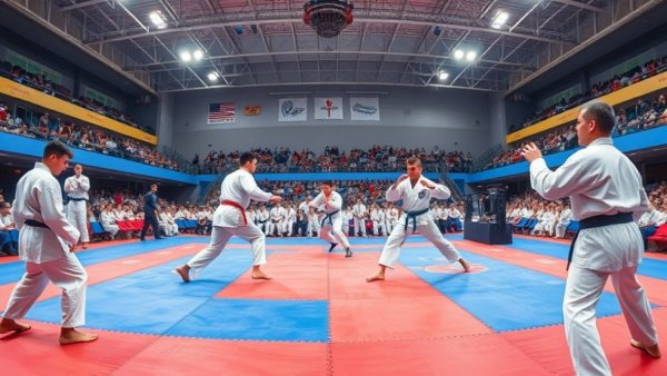 World Karate Championships 2025: Competitors sparring in an indoor arena.