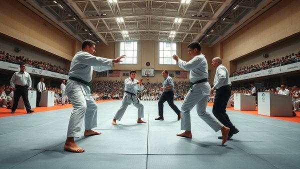Karate matches at World Karate Championships 2025, athletes sparring in arena.