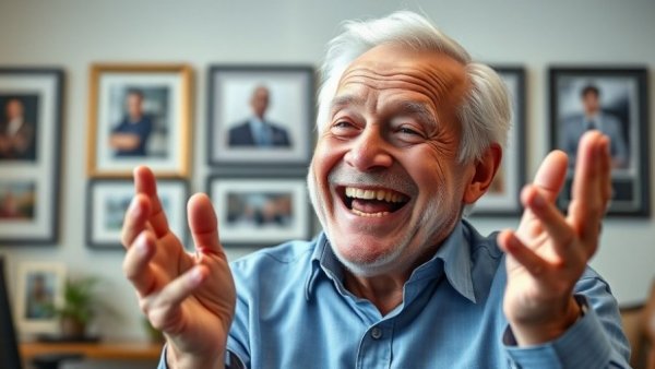 Joyful elderly man in office, embodying positivity in Singapore.