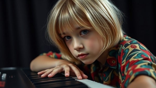 Young person leaning on piano keyboard, colorful shirt, dark backdrop, highlighting teen autism resources Muskegon.
