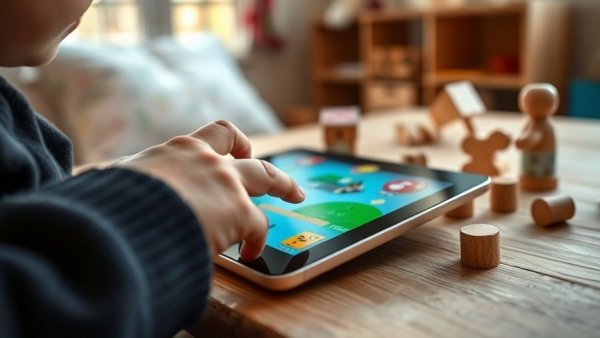 Child using tablet for early identification of autism with interactive game.