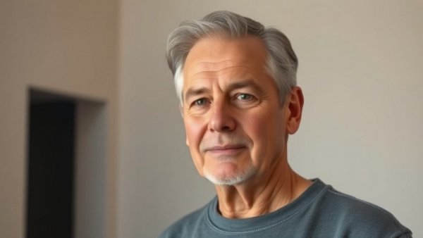 Portrait of a middle-aged man smiling indoors in casual setting.